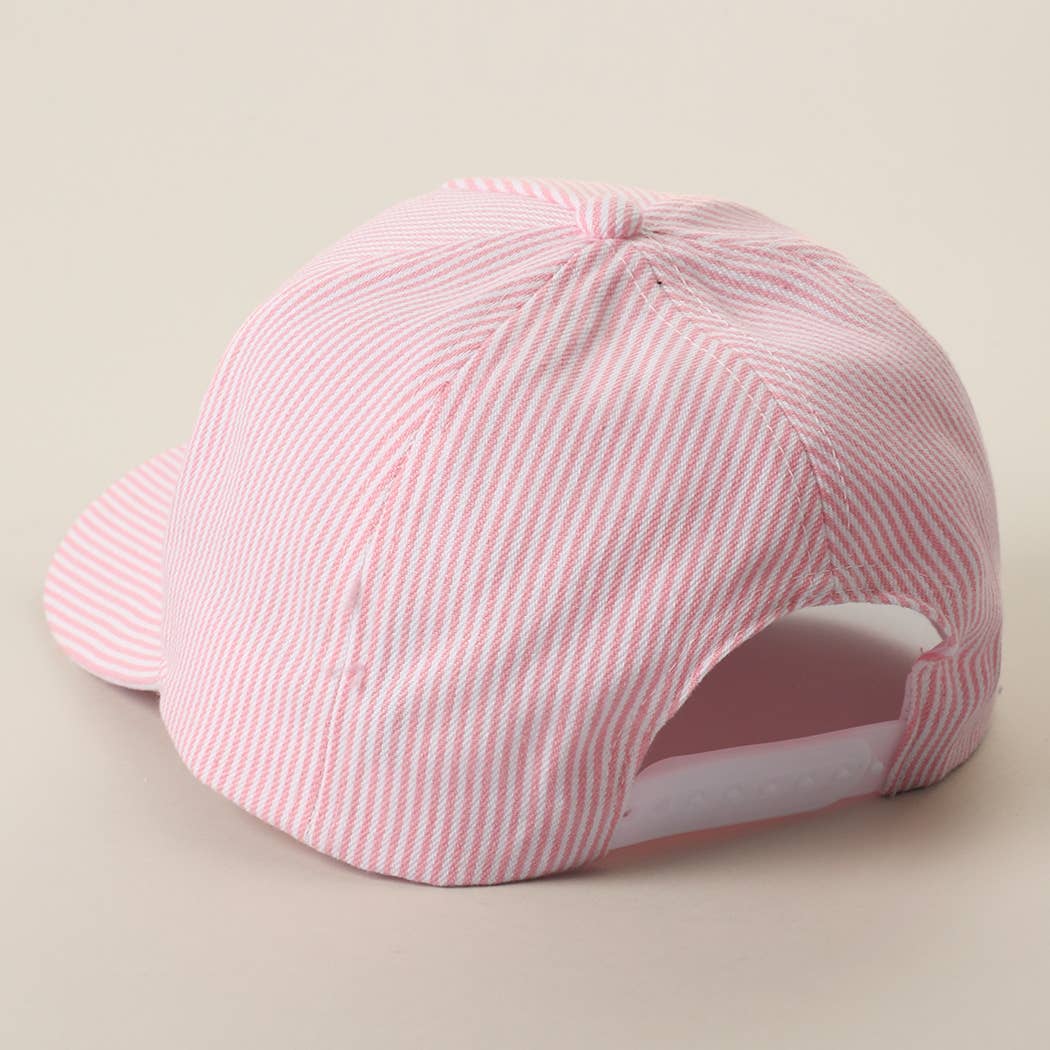 USA Embroidered Patch Gingham Stripe Trucker Hat: PINK / One Size