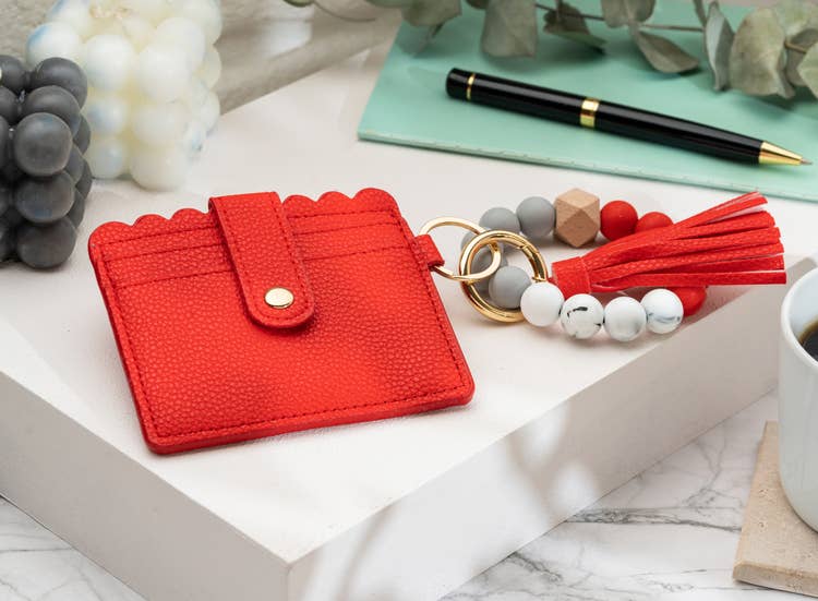 Leather Keychain Wallet With Wristlet Bangle Bracelet: Gray
