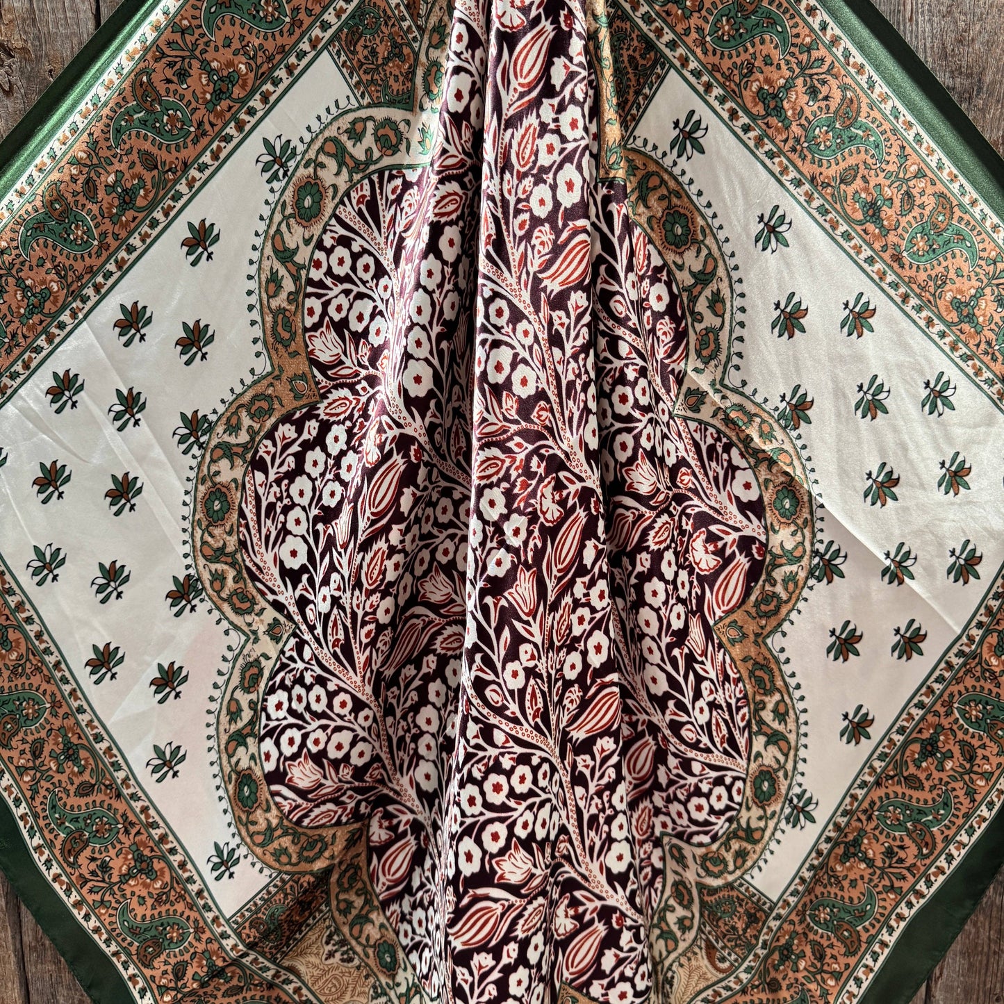 35X35" Green, Plum and Tan Floral Wild Rag/Scarf