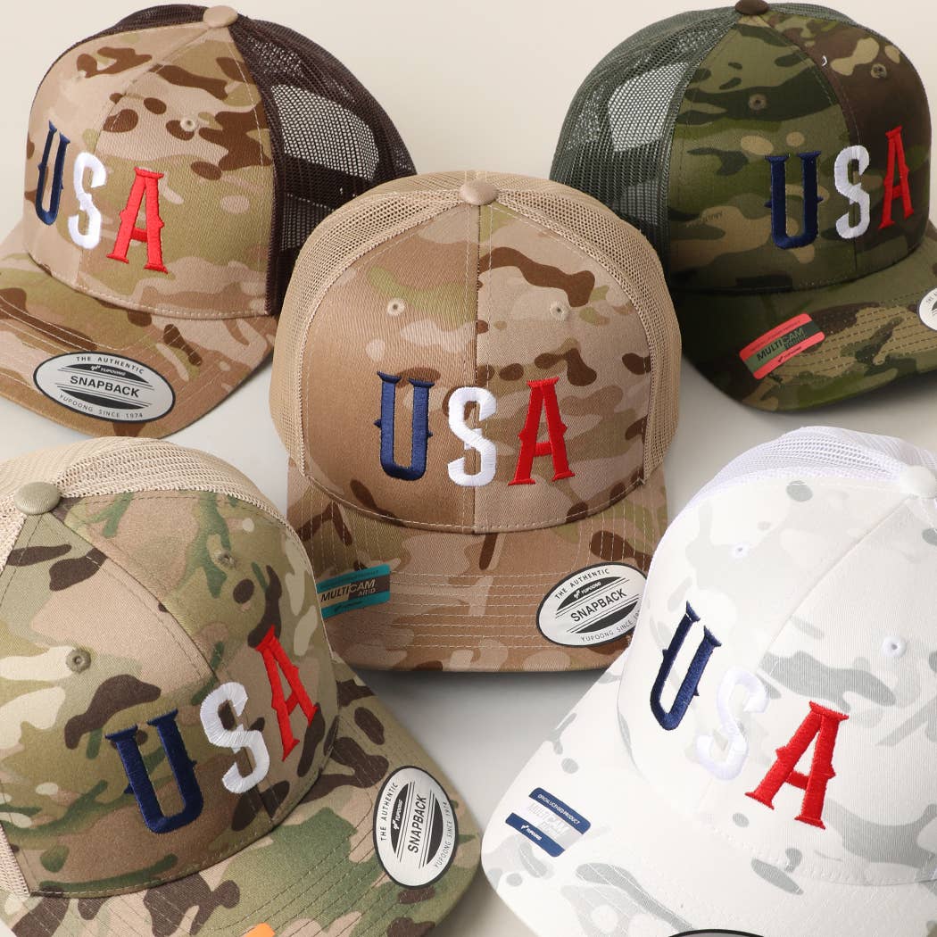 FLEXFIT YP USA Embroidered Camo Trucker Hat: MULTICAM ARID / TAN / ONE SIZE