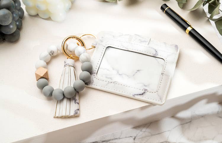 Leather Keychain Wallet With Wristlet Bangle Bracelet: White Marble
