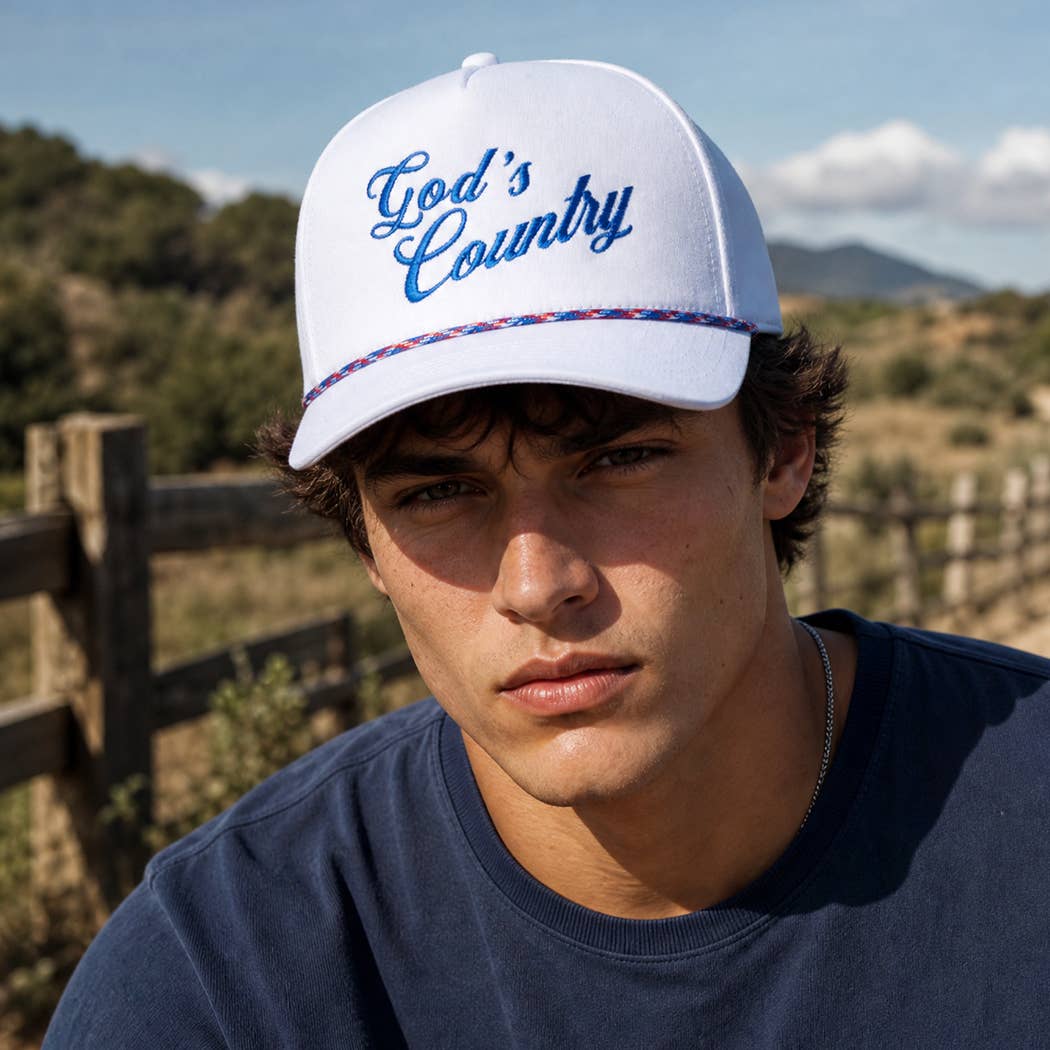 God's Country Embroidered USA Rope Trucker Hat: WHITE-RED / ONE SIZE