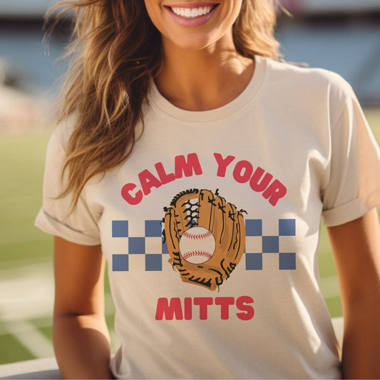 BRUINS Baseball Mom Vintage Calm Your Mitts Funny Team Graphic Tee: Beige / Med Unisex