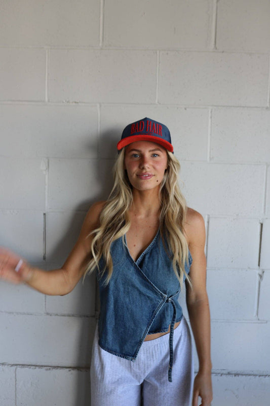 KAXI BAD HAIR DAY TRUCKER HAT: RED/BLUE CORDUROY