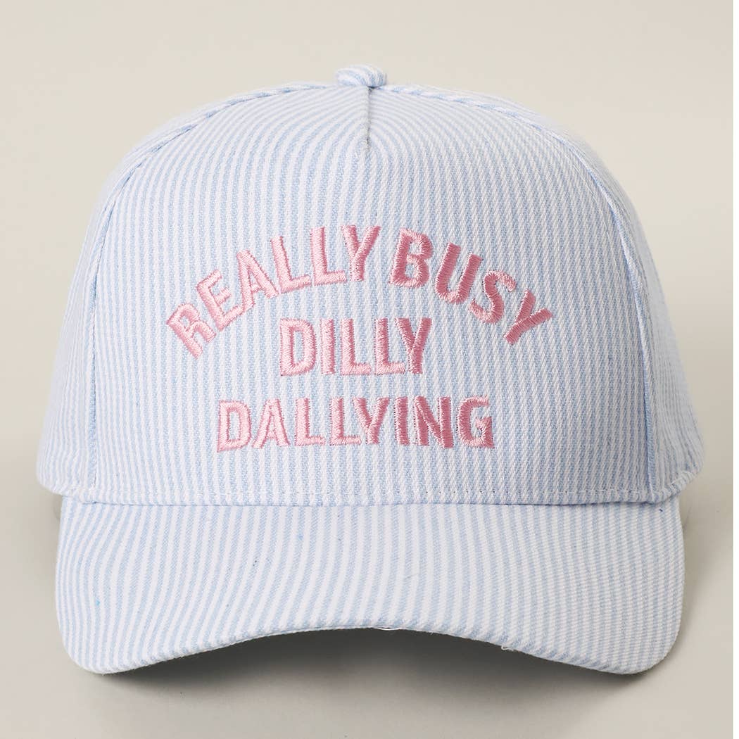 REALLY BUSY DILLY DALLYING Embroidered Seersucker Stripe Hat: BLUE / ONE SIZE