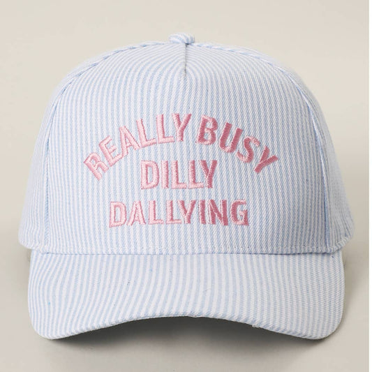 REALLY BUSY DILLY DALLYING Embroidered Seersucker Stripe Hat: BLUE / ONE SIZE