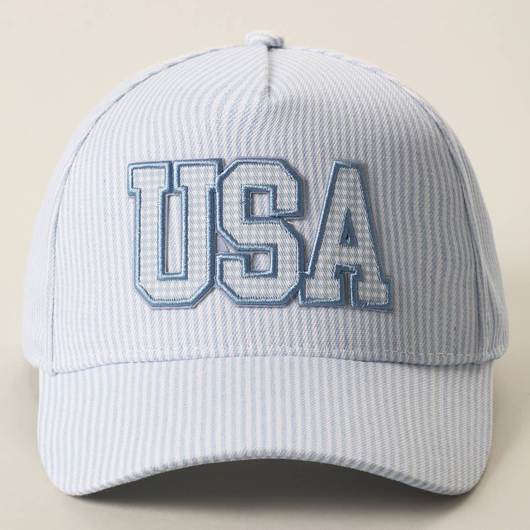 USA Embroidered Patch Gingham Stripe Trucker Hat: PINK / One Size