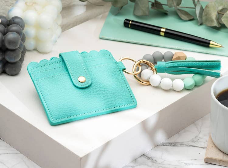 Leather Keychain Wallet With Wristlet Bangle Bracelet: Gray