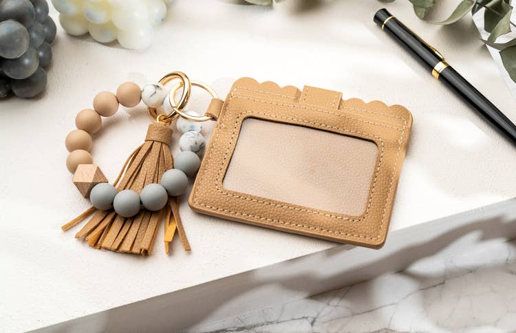 Leather Keychain Wallet With Wristlet Bangle Bracelet: Light Cream
