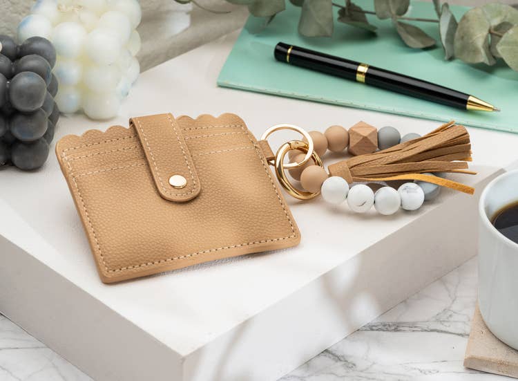 Leather Keychain Wallet With Wristlet Bangle Bracelet: Gray