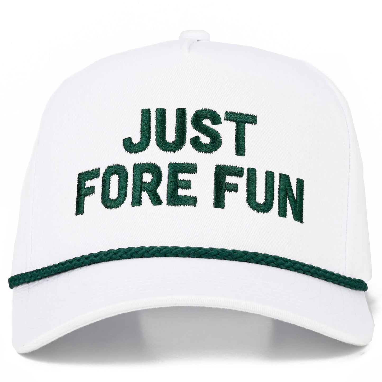 C.C JUST FORE FUN Letter Embroidered on Two Tone Trucker Hat: Dark Green/White