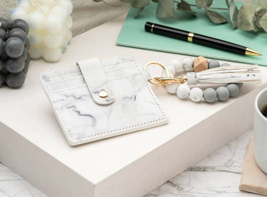 Leather Keychain Wallet With Wristlet Bangle Bracelet: White Marble