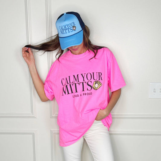 BRUINS Baseball Calm Your Mitts Tee: Neon Pink / Adult Small