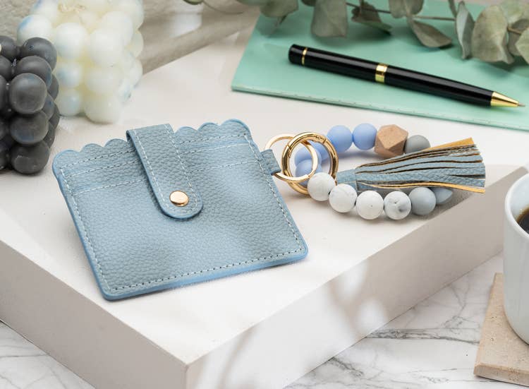 Leather Keychain Wallet With Wristlet Bangle Bracelet: Pink